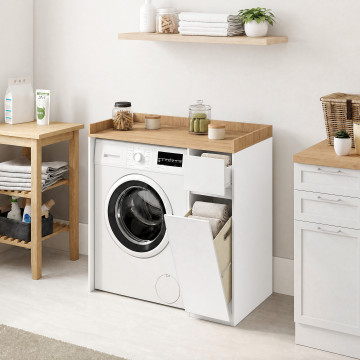 Meuble machine à laver Will panier à linge intégré blanc et bois