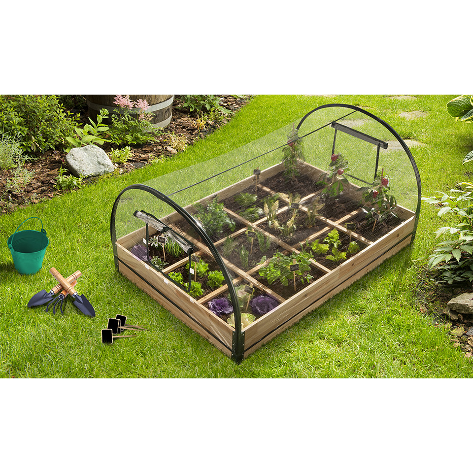 Serres de potager 12 compartiments Aroma en bois avec bâche - Lot de 2
