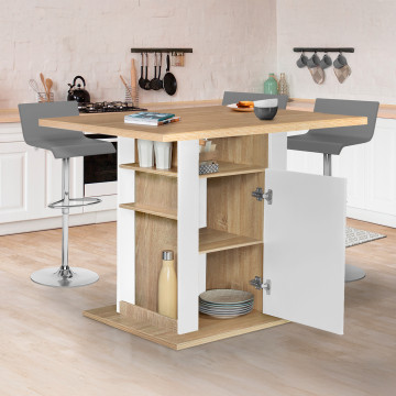 Ilot de cuisine Théo bois et blanc avec rangements