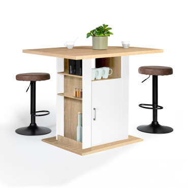Ilot de cuisine Théo bois et blanc avec rangements