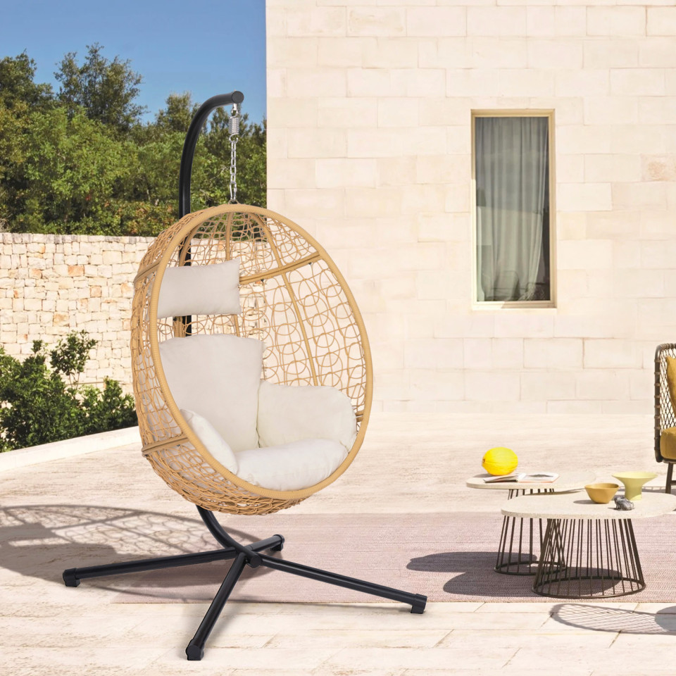 Fauteuil œuf suspendu effet rotin avec coussin beige