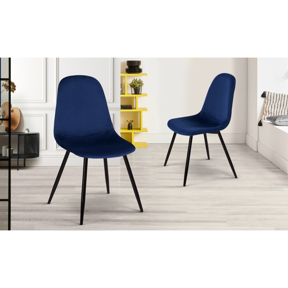 Chaises Sofia en velours bleu et pieds noirs - lot de 2