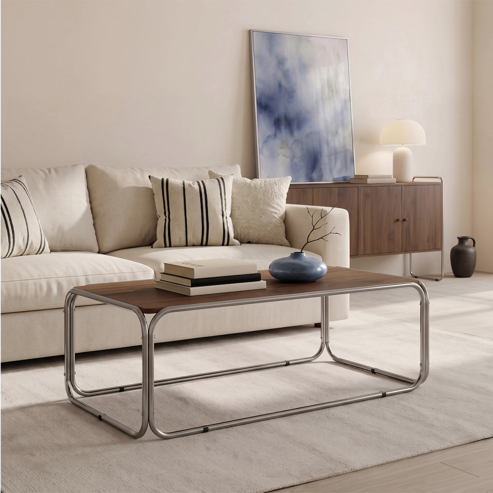 Table basse Rosalina effet noyer et métal chromé