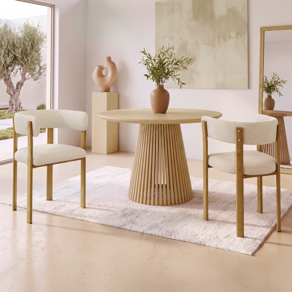 Chaises Ilona avec accoudoirs tissu beige pieds bois - lot de 2