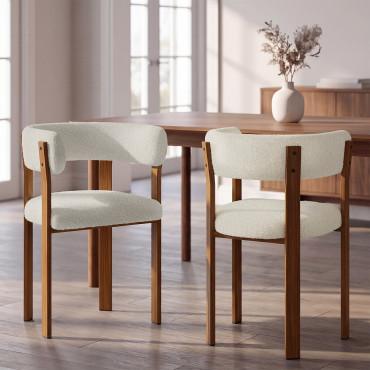 Chaises Ilona avec accoudoirs bouclette crème pieds effet noyer - lot de 2