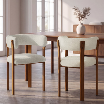 Chaises Ilona avec accoudoirs bouclette crème pieds effet noyer - lot de 2