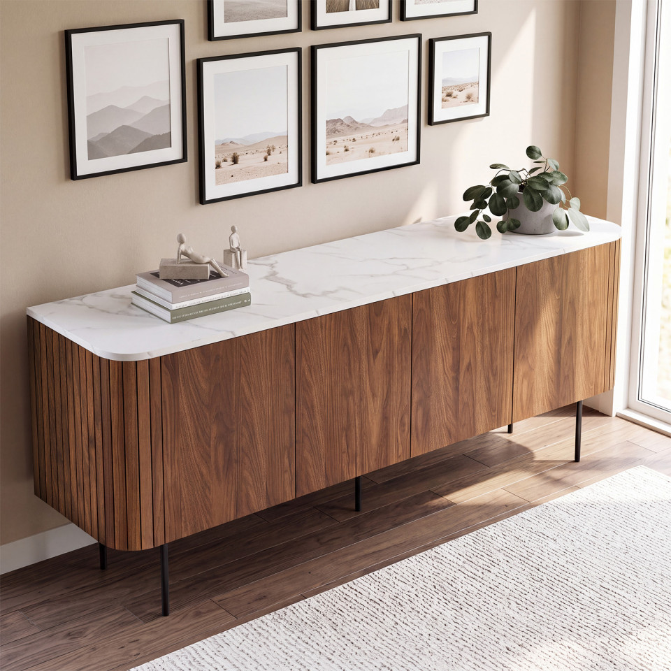 Buffet Marlena 4 portes effet noyer plateau marbre 160cm