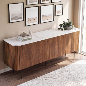 Buffet Marlena 4 portes effet noyer plateau marbre 160cm