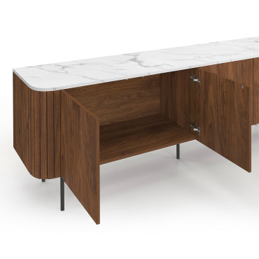 Buffet Marlena 4 portes effet noyer plateau marbre 160cm