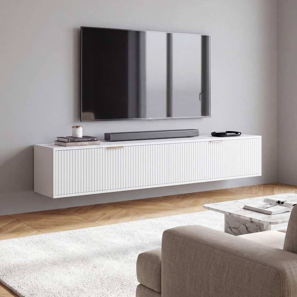Meuble TV suspendu Arlo effet lattes blanc 180cm
