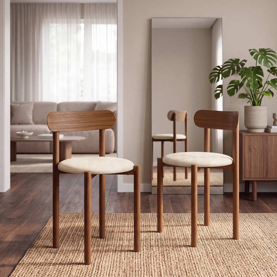 Chaises Kathy velours crème pieds effet noyer - lot de 6