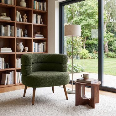 Fauteuil Janice bouclette verte pieds effet noyer