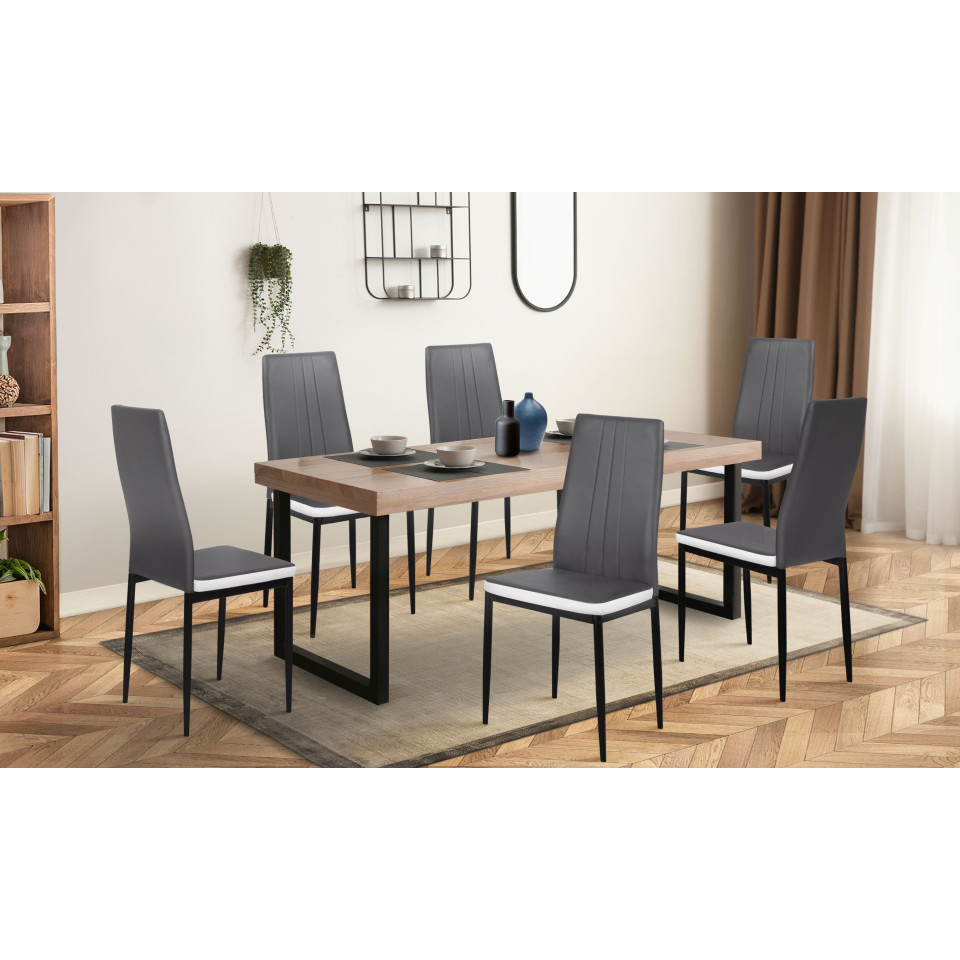 Chaises Jodie imitation cuir gris et blanc et pieds métal - lot de 6