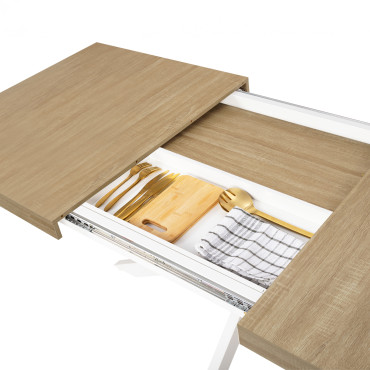 Table à manger extensible Spider 160-200cm bois blanc avec rangement