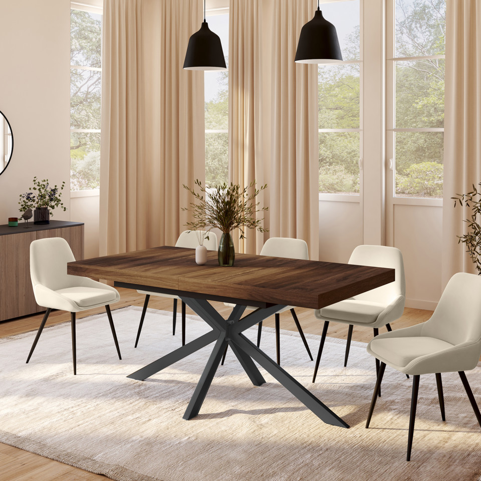 Table à manger extensible Spider 160-200cm effet noyer avec rangement