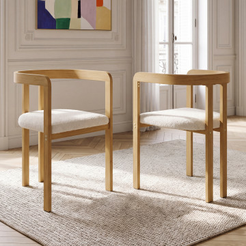 Chaises Elisa bouclette blanche pieds effet bois - lot de 4