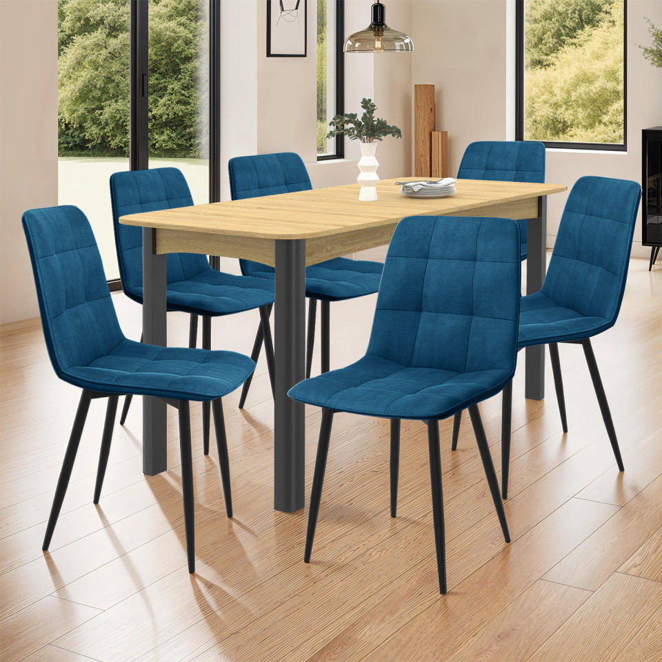 Chaises Linda velours bleu pieds noirs - lot de 6