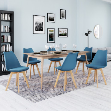 Chaises Nordia bleu canard pieds bois - lot de 6