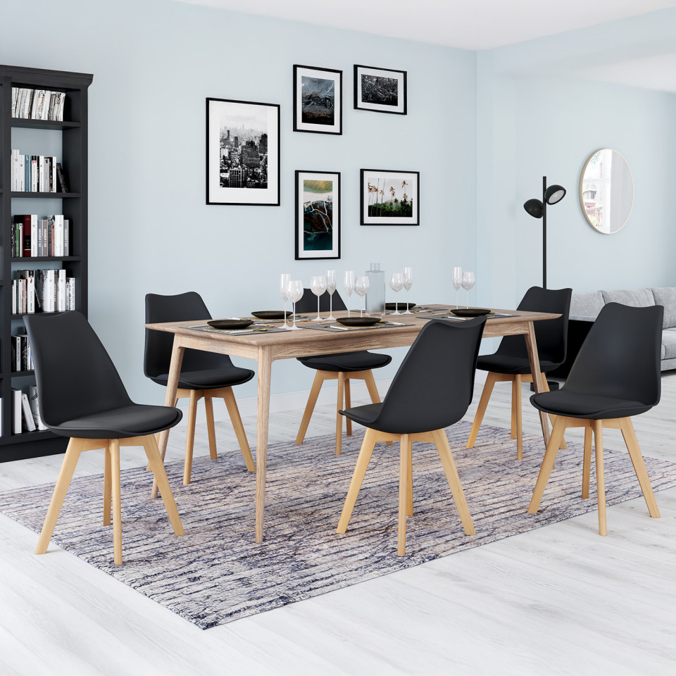 Chaises Nordia noire pieds bois - lot de 6