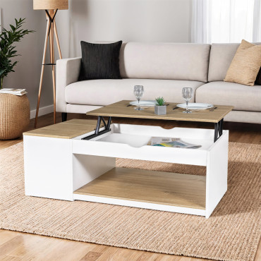 Table basse Elina relevable coffre latéral bois et blanc