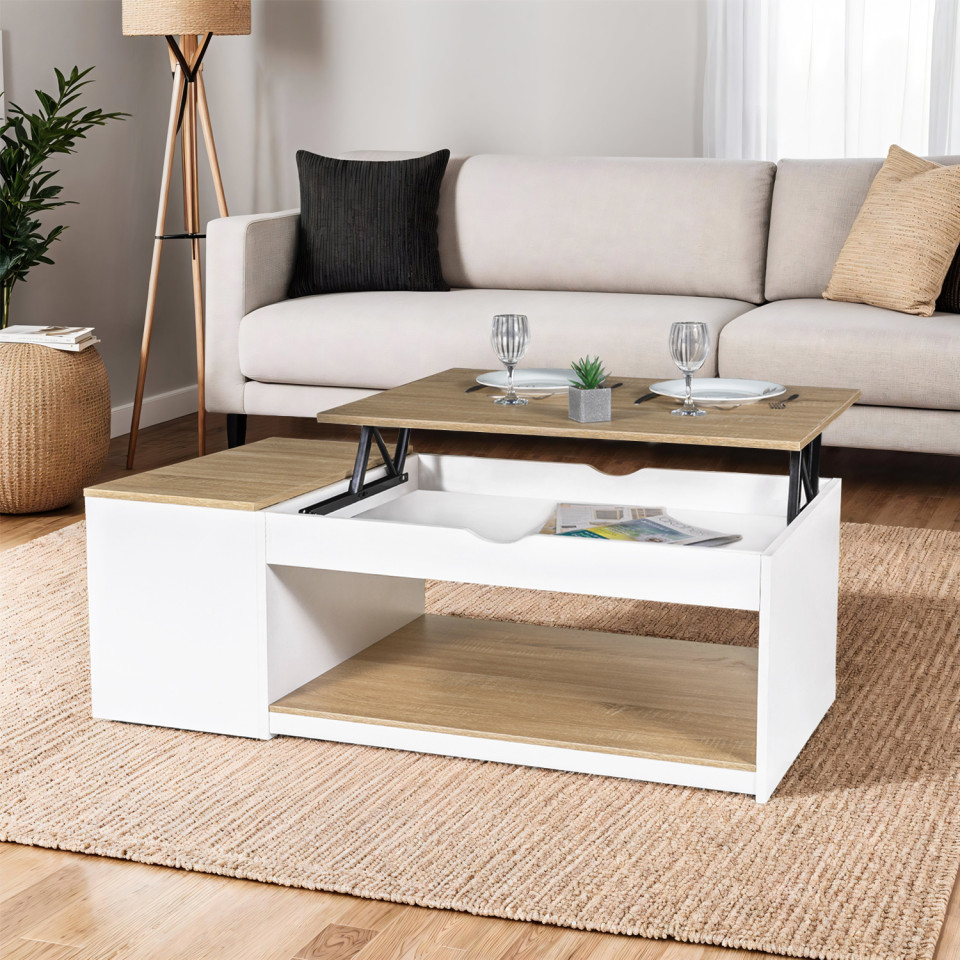 Table basse Elina relevable coffre latéral bois et blanc