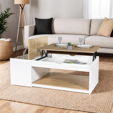 Table basse Elina relevable coffre latéral bois et blanc
