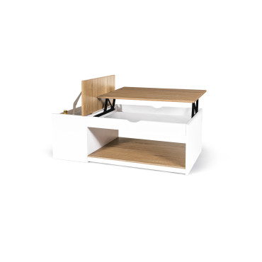 Table basse Elina relevable coffre latéral bois et blanc