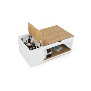 Table basse Elina relevable coffre latéral bois et blanc