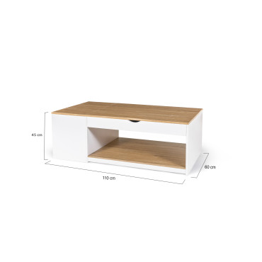 Table basse Elina relevable coffre latéral bois et blanc
