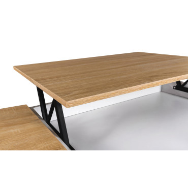 Table basse Elina relevable coffre latéral bois et blanc