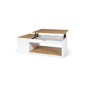 Table basse Elina relevable coffre latéral bois et blanc