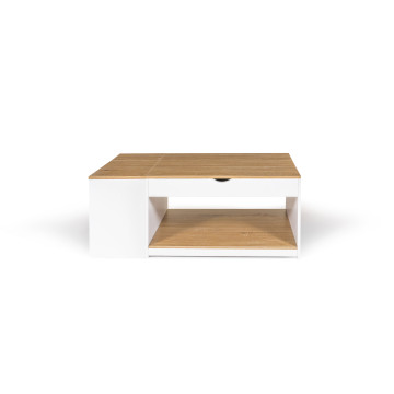 Table basse Elina relevable coffre latéral bois et blanc