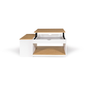 Table basse Elina relevable coffre latéral bois et blanc