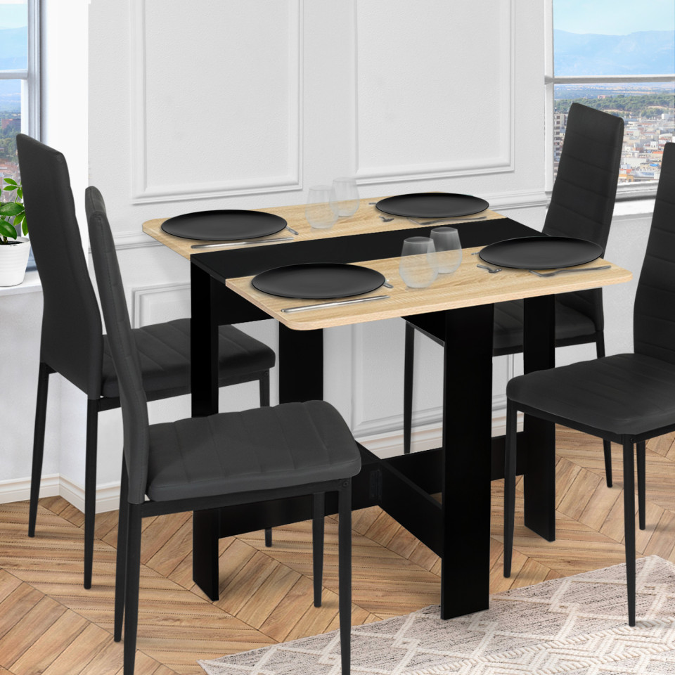 Table à manger carrée dépliable Edi bois et noir