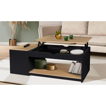 Table basse Elina relevable coffre latéral noir et bois
