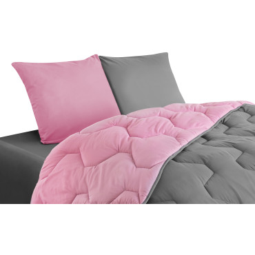 Couette chaude réversible bicolore rose et gris 240x260cm - microfibres 300 g/m2 + 2 oreillers mi-ferme