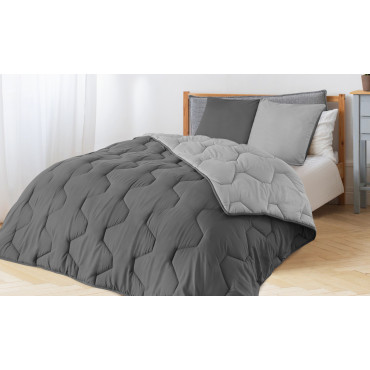 Couette chaude réversible bicolore grise 240x260cm - microfibres 300 g/m2 + 2 oreillers mi-ferme