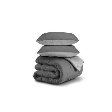 Couette chaude réversible bicolore grise 240x260cm - microfibres 300 g/m2 + 2 oreillers mi-ferme