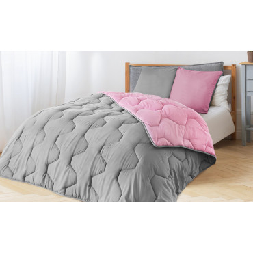 Couette chaude réversible bicolore rose et gris 200x200cm - microfibres 300 g/m2 + 2 oreillers