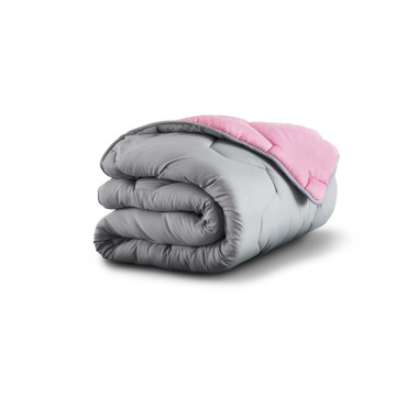 Couette chaude réversible bicolore rose et gris 200x200cm - microfibres 300 g/m2 + 2 oreillers