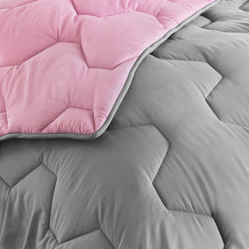 Couette chaude réversible bicolore rose et gris 200x200cm - microfibres 300 g/m2 + 2 oreillers