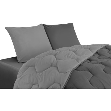 Couette chaude réversible bicolore grise 200x200cm - microfibres 300 g/m2 + 2 oreillers