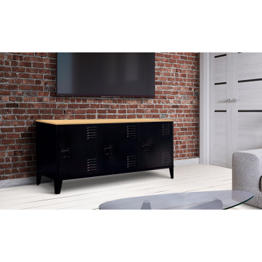 Meuble TV Storen 3 portes en métal noir et plateau bois L113cm