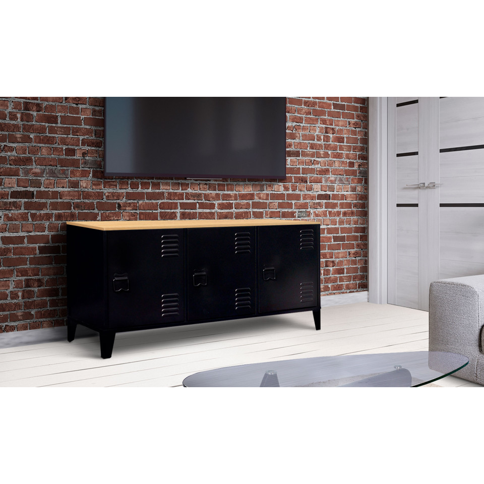 Meuble TV Storen 3 portes en métal noir et plateau bois L113cm