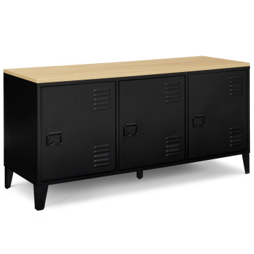 Meuble TV Storen 3 portes en métal noir et plateau bois L113cm