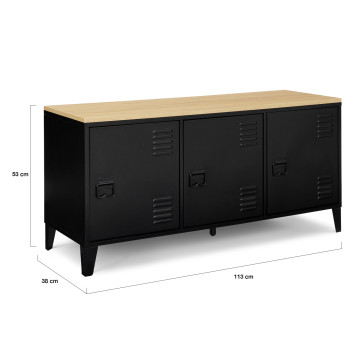 Meuble TV Storen 3 portes en métal noir et plateau bois L113cm