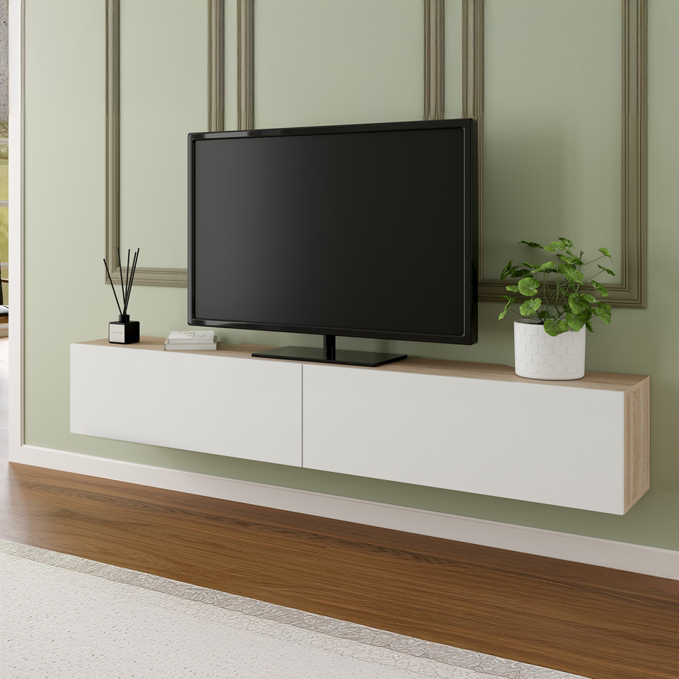 Meuble TV suspendu Michigan bois et blanc 180cm