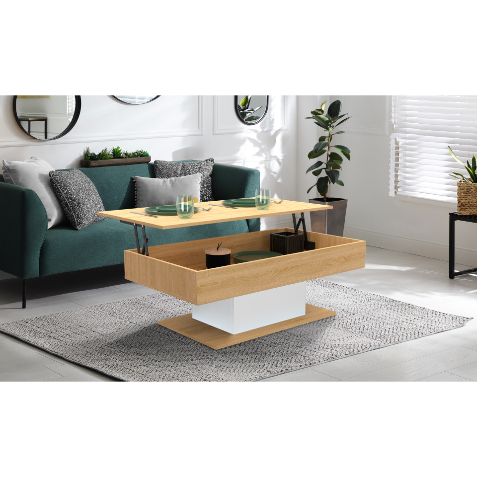 Table basse Tania relevable bois et blanc