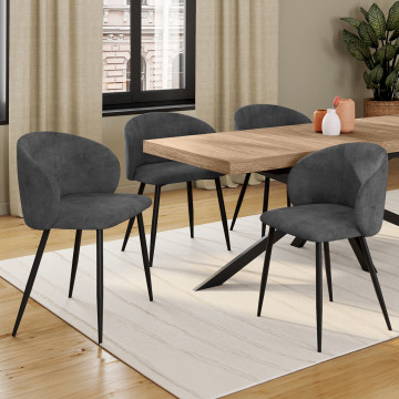 Chaises Léona velours gris et pieds métal noirs - lot de 4