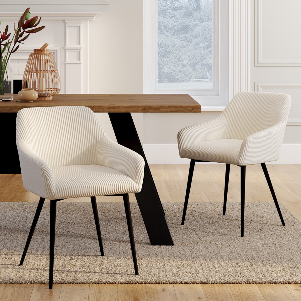 Chaises Jenny velours côtelé crème pieds métal - lot de 2